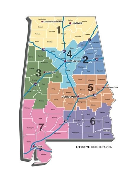 Regions Map shows 7 regions overlayed over a map of the state of Alabama.